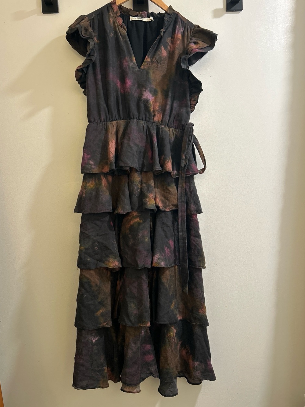 Marie Oliver Emery Abstract-Print Ruffle Tiered Midi Dress in Moon Dye (Small)